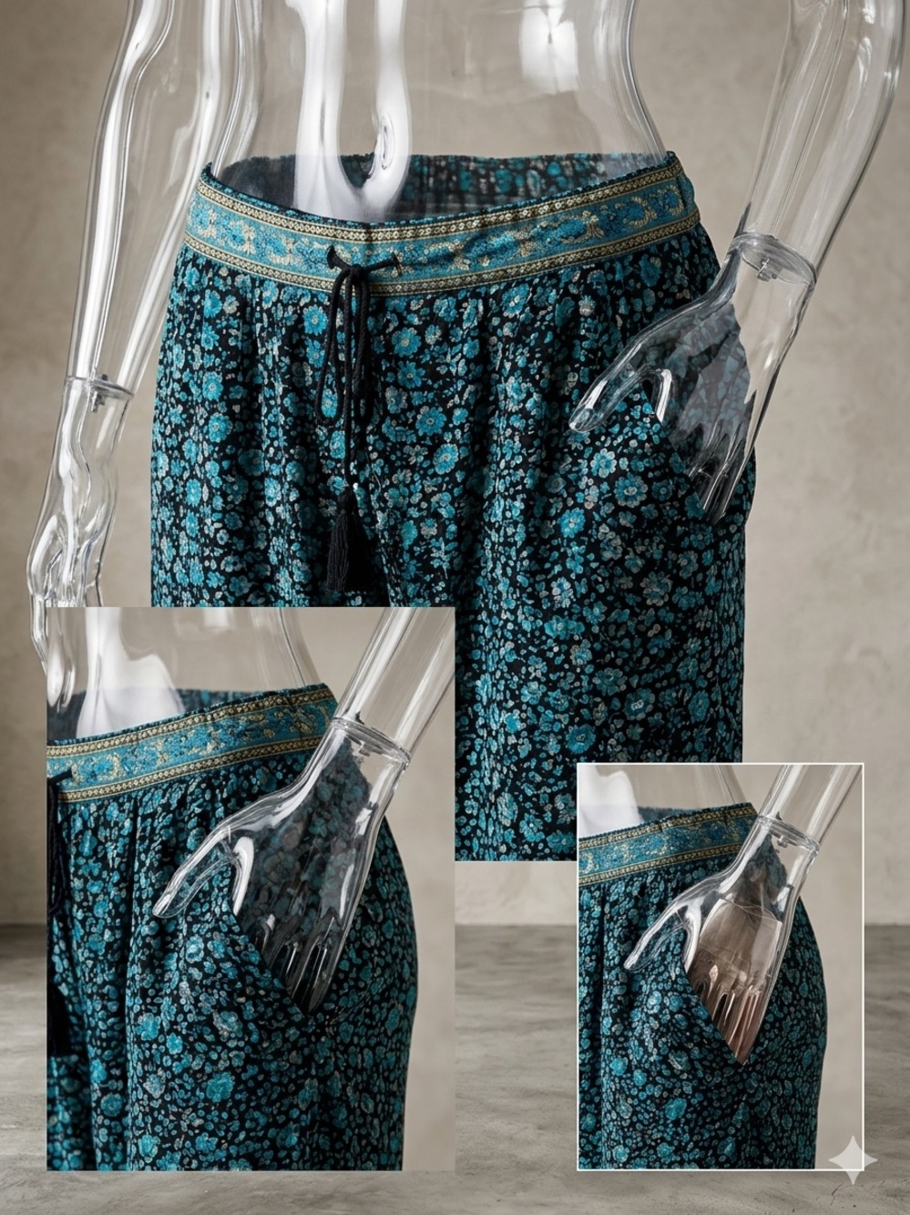 ALCHEMY Baggy Tapered Harem Joggers Pants Front Pockets Blue Floral Women M/L